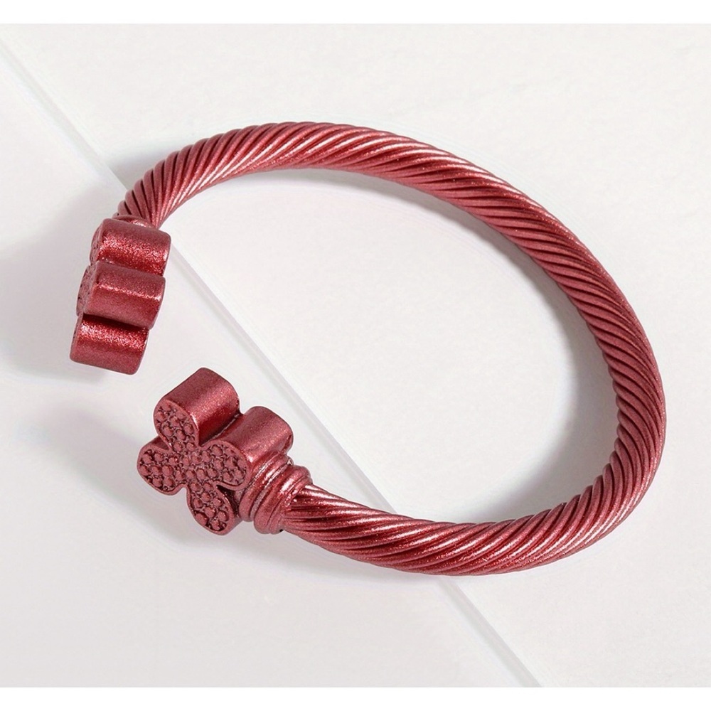 Shiny Red cable cuff bracelet with a flower design